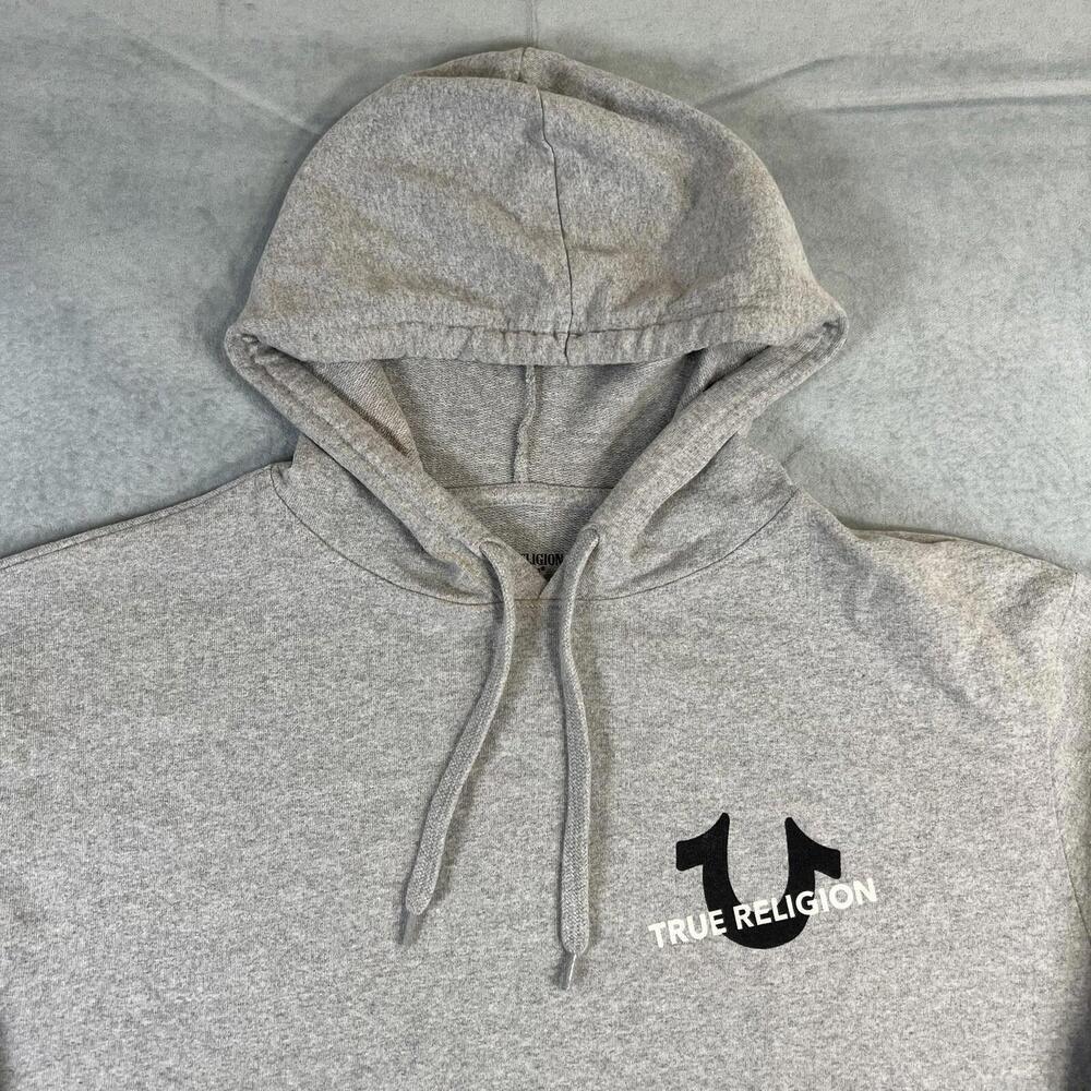 True Religion Logo Pullover Hoodie Men’s Large Gray Fleece Spell Out Horseshoe